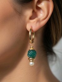 Ohrringe 585 Gold Perle Jade Stecker Creolen - Bild 8