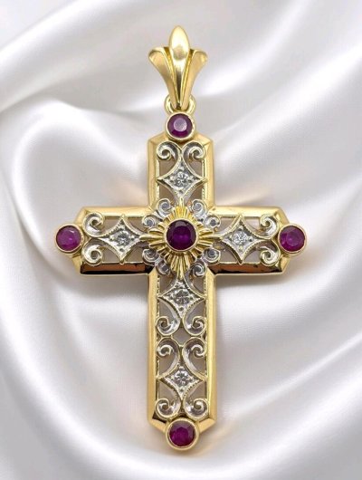 Anhänger 750 Gold Kreuz mit Diamant & Rubin