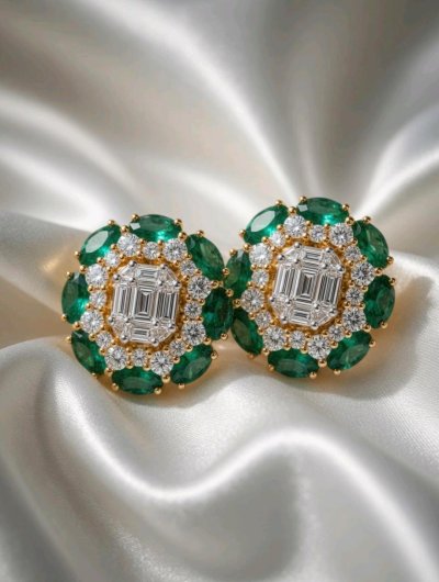 Ohrringe 750 Gold Stecker Smaragd 1,2ct Diamant 0,68ct